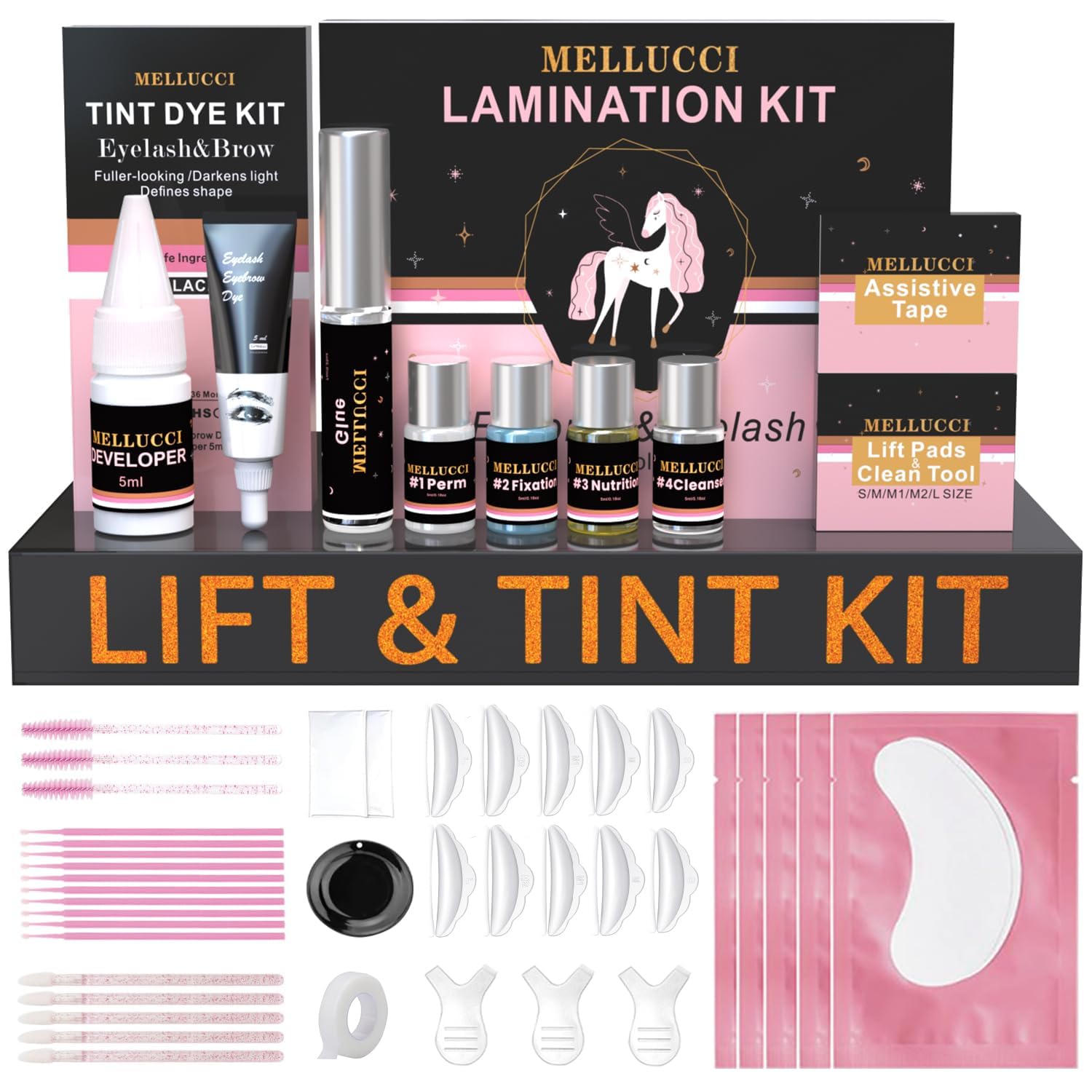 MELLUCCI lash lift brow lamination kit cover shows premium packaging for at-home salon-grade results