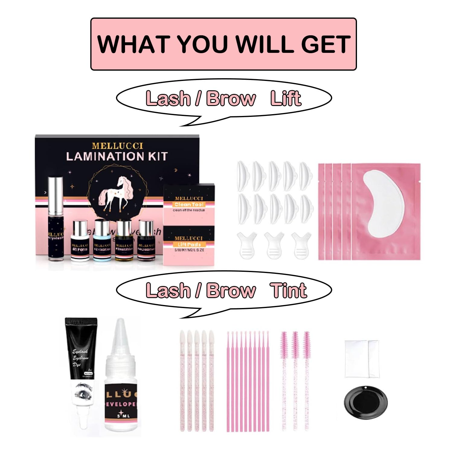 MELLUCCI lash lift tools and instructions image highlights easy steps for DIY lash and brow styling