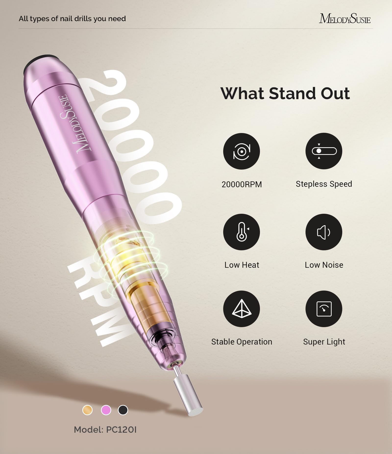MelodySusie nail drill delivers low heat and low noise for comfortable sessions