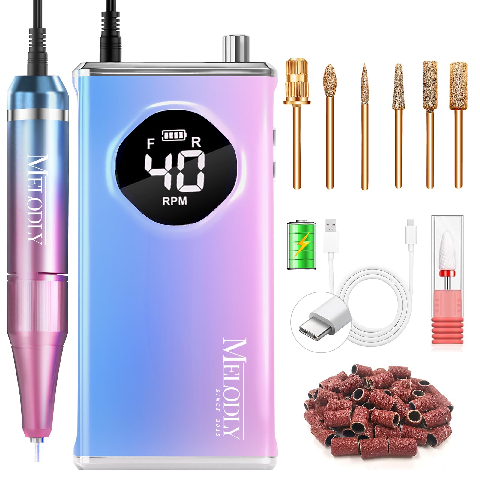 Melodly electric nail drill kit front view, portable cordless design for on-the-go manicures