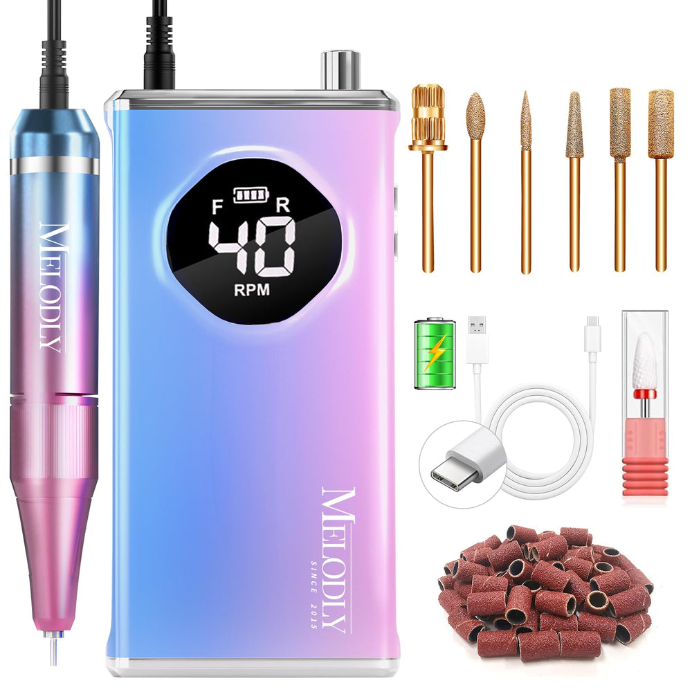 Melodly electric nail drill kit front view, portable cordless design for on-the-go manicures