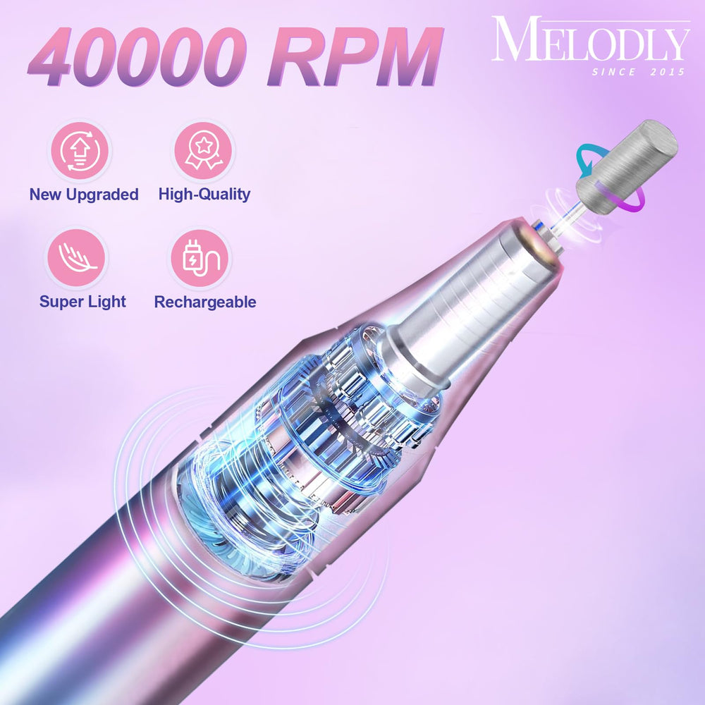 Melodly nail drill in action, cordless operation enables precise acrylic and gel filing