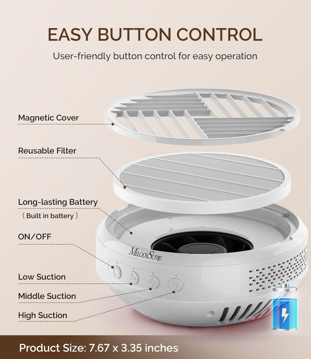 MelodySusie cordless nail dust collector compact size fits small workspaces.