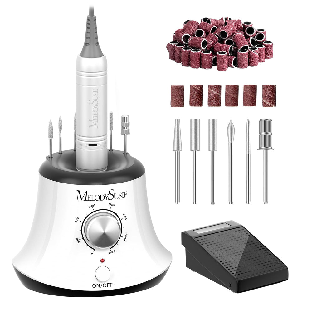 MelodySusie nail drill on desk with foot pedal for precise sessions.