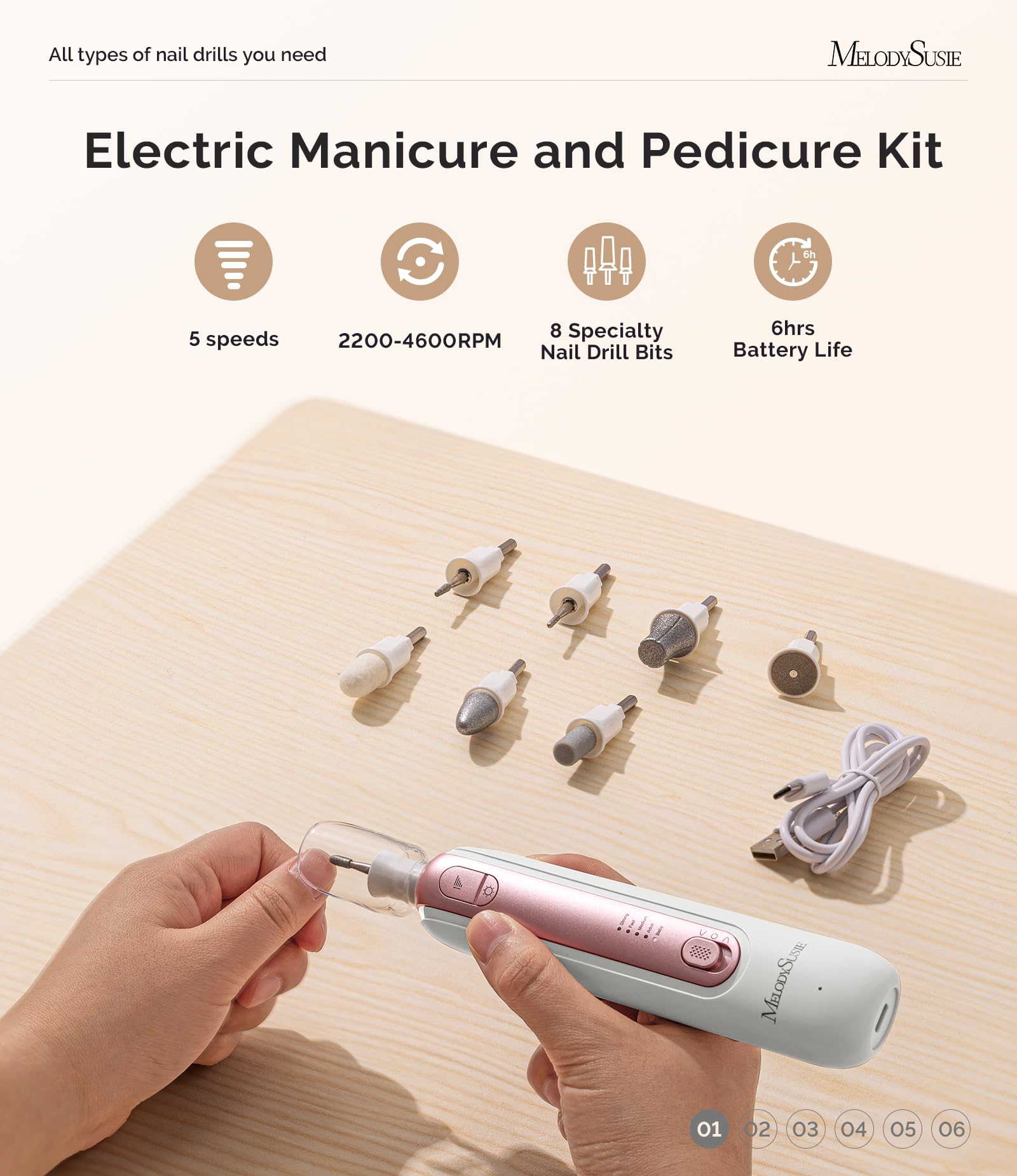 MelodySusie 360° surround LED light provides clear visibility for detailed nail work.