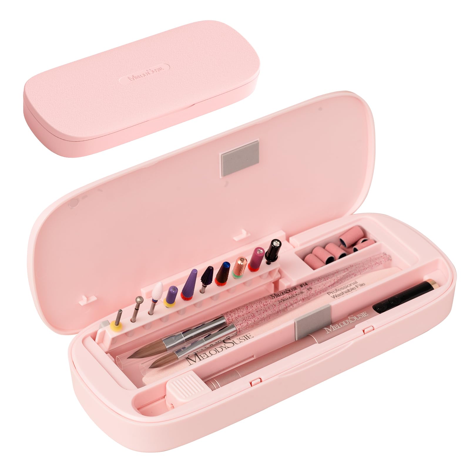 MelodySusie acrylic nail tool storage box side view demonstrates compact travel-ready organization