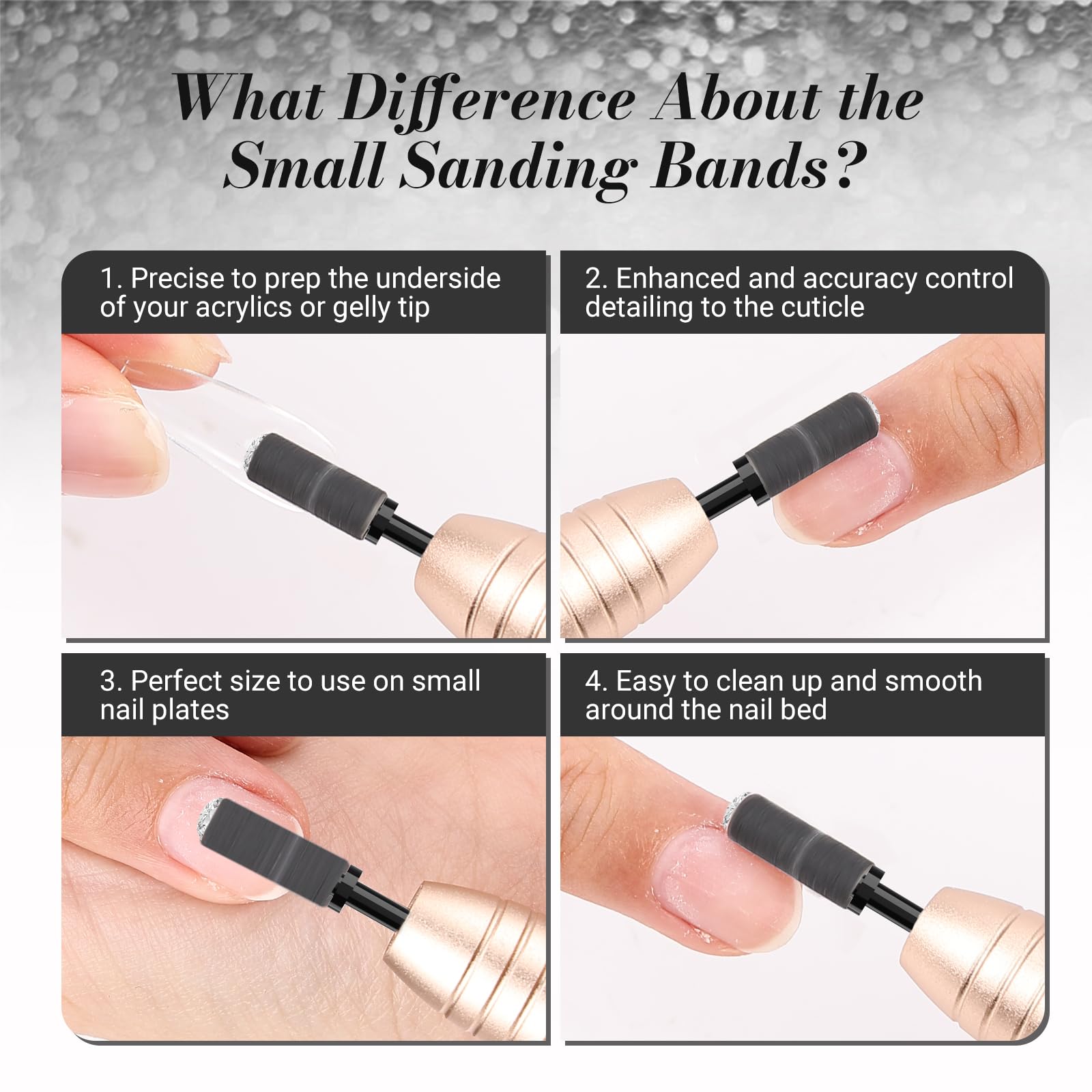 MelodySusie close-up shows precision shaping bands for detailed edge filing.