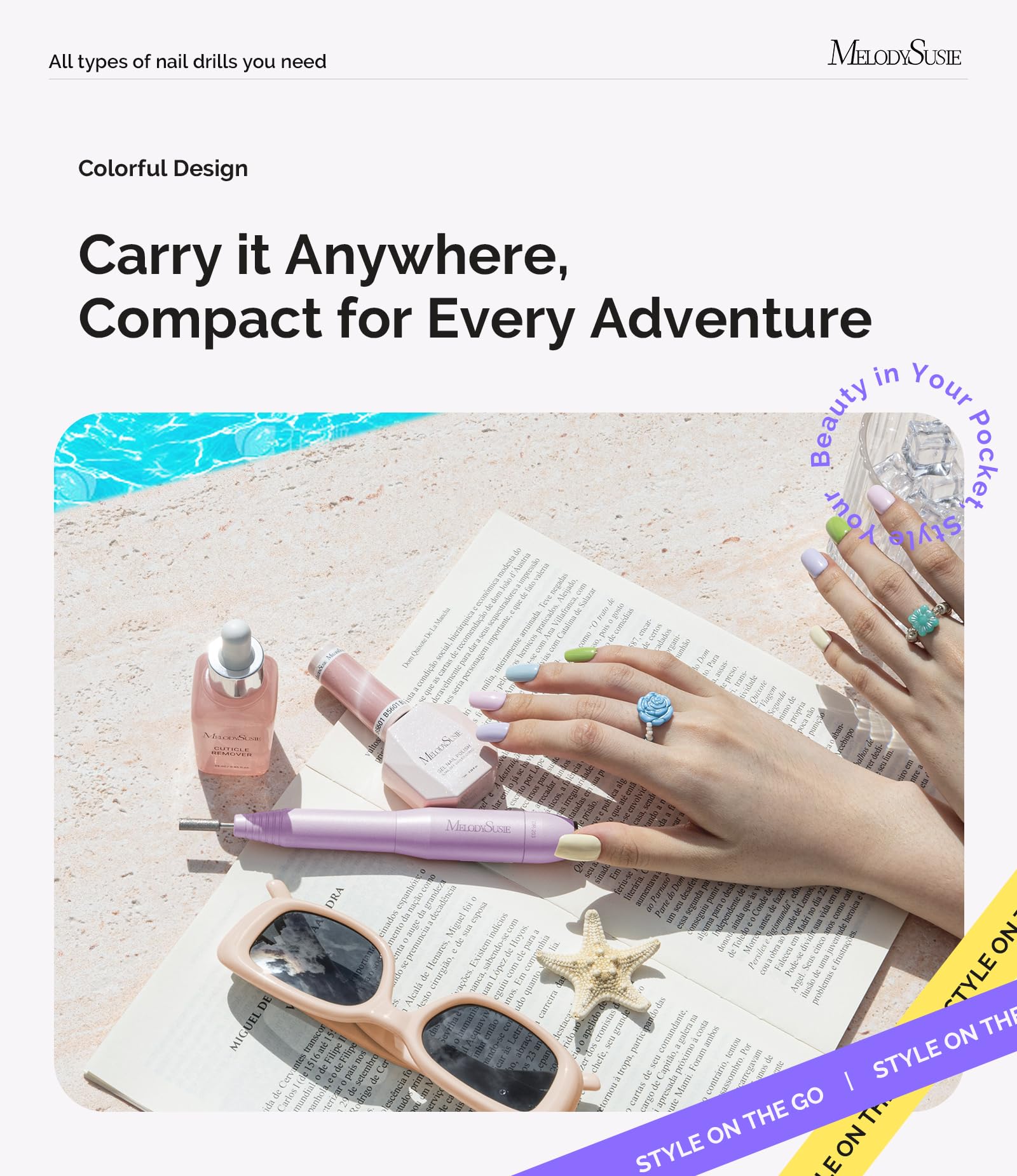 MelodySusie compact travel-friendly nail drill fits in a bag.