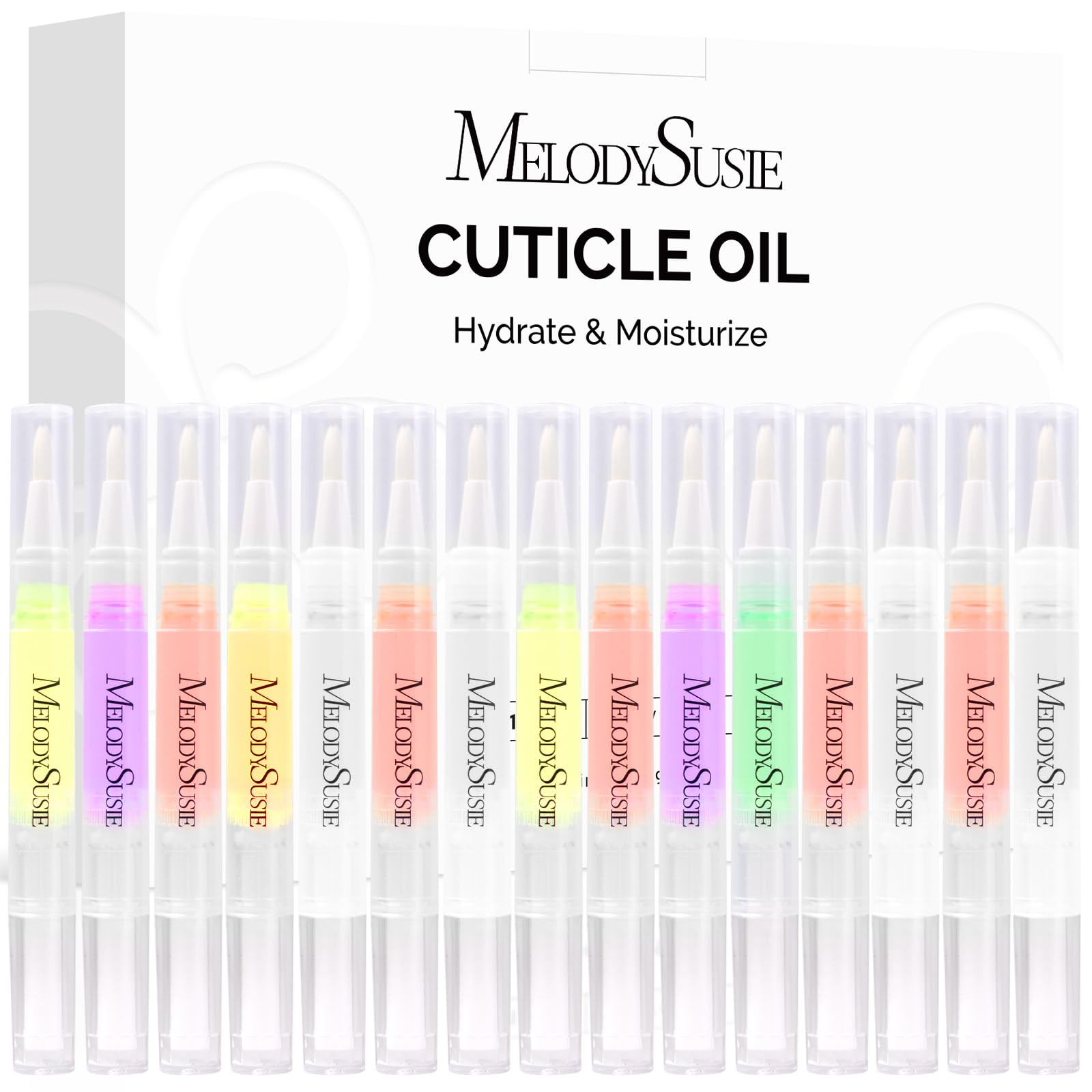 MelodySusie cuticle oil pen set bottles closeup for hydrating nails and cuticles.