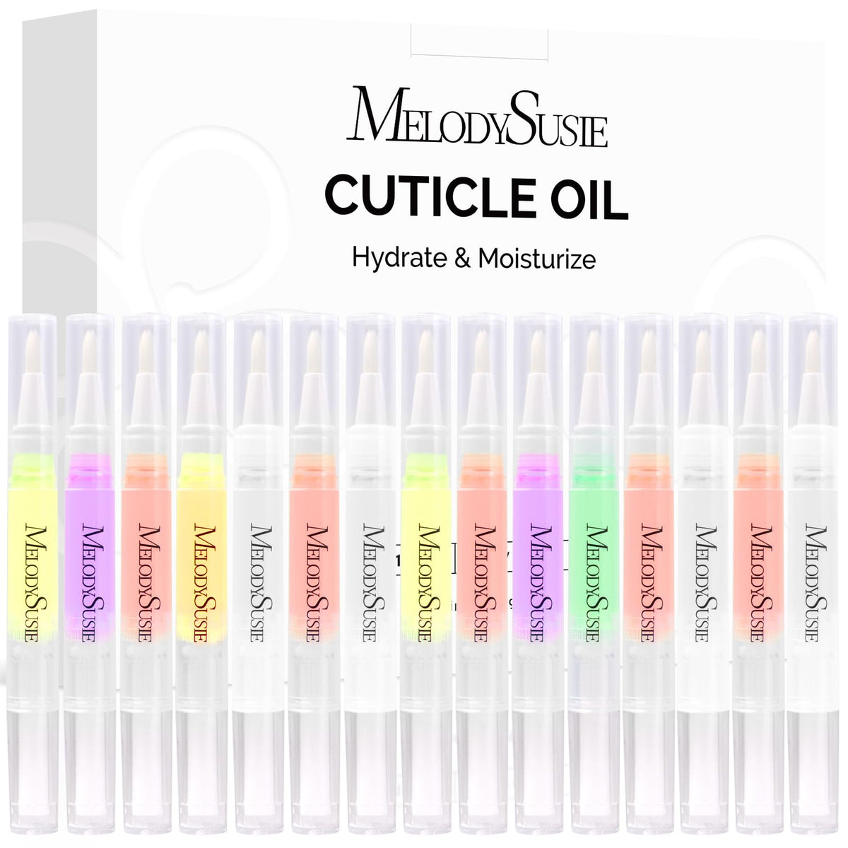 MelodySusie cuticle oil pen set bottles closeup for hydrating nails and cuticles.
