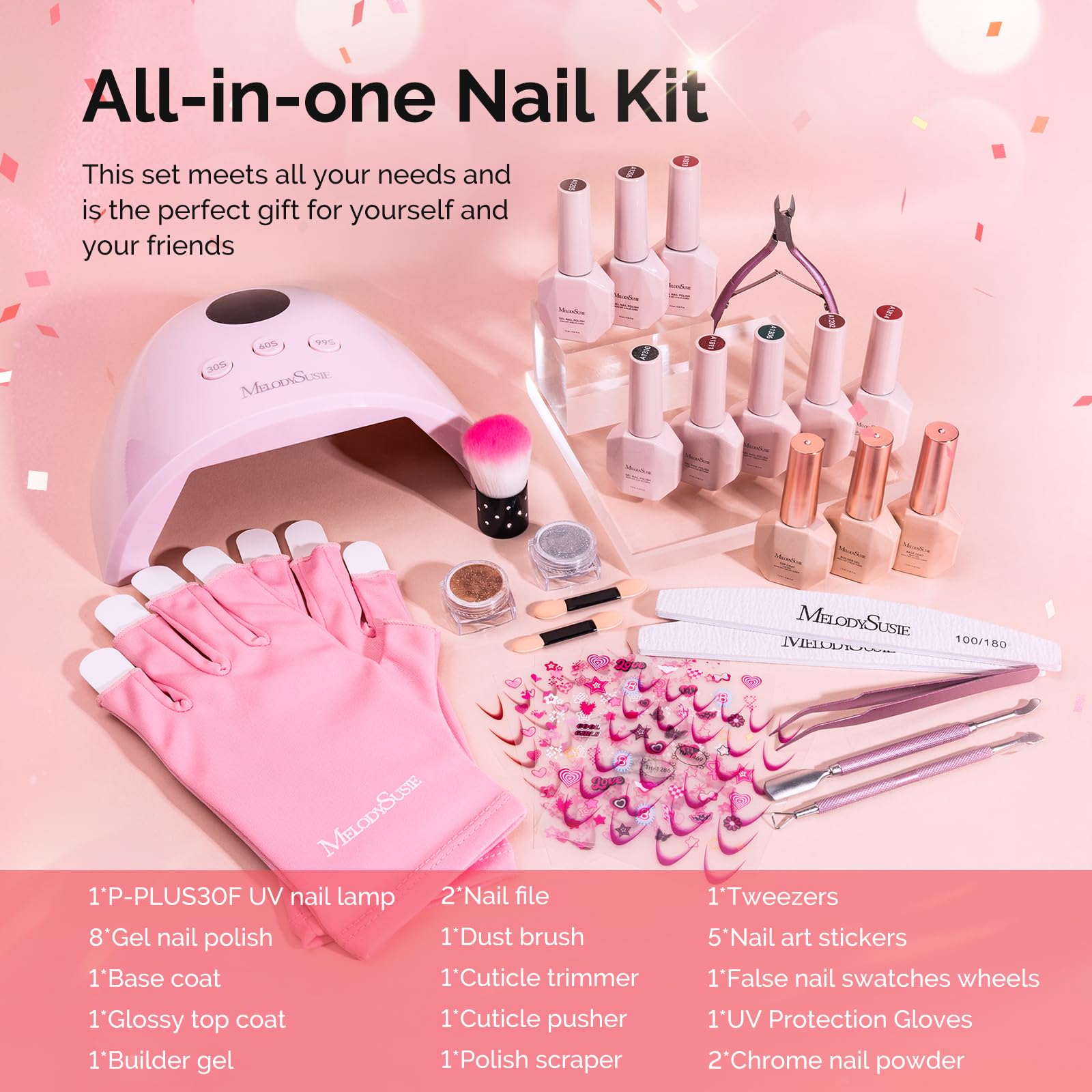 Dust brush and nail swatch wheels help clean application and practice.