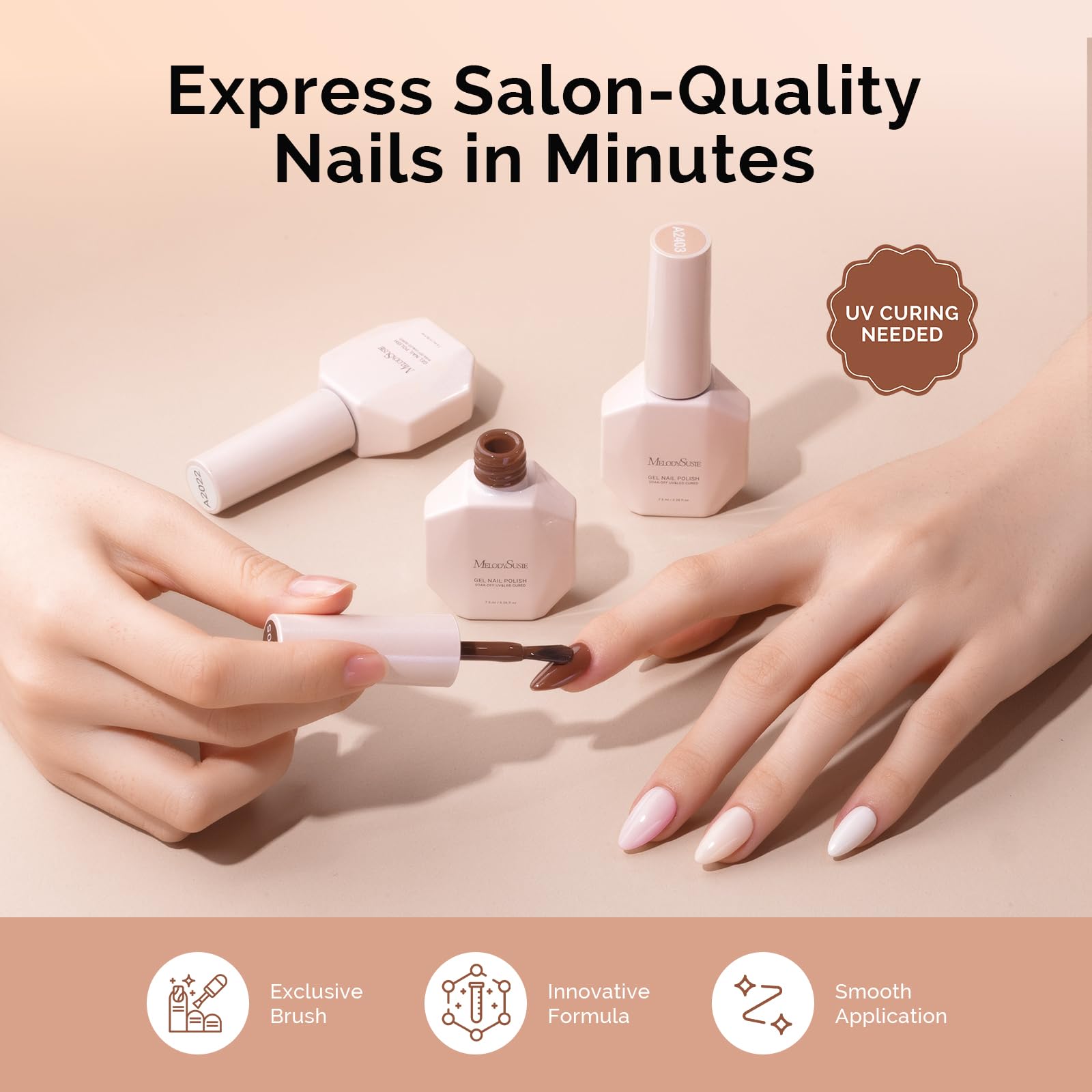 MelodySusie home manicure scene with six-color palette for DIY nails.