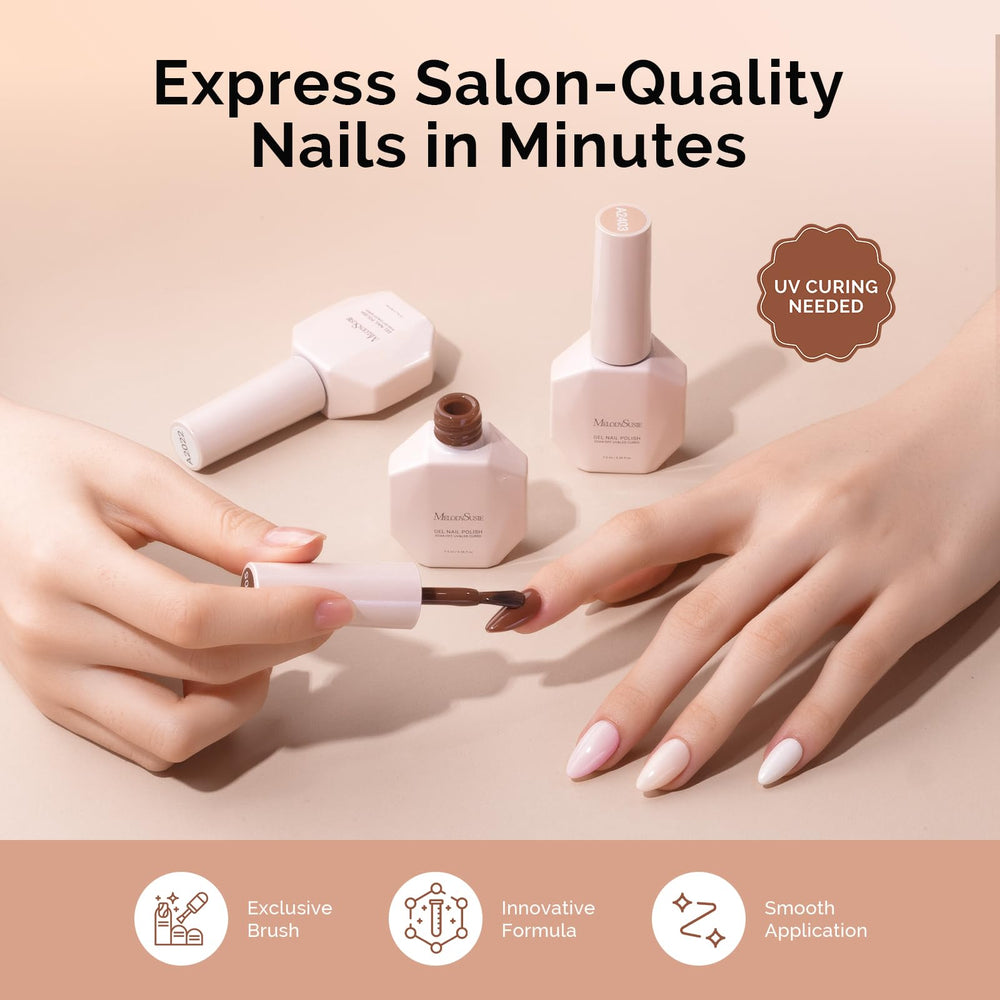 MelodySusie home manicure scene with six-color palette for DIY nails.