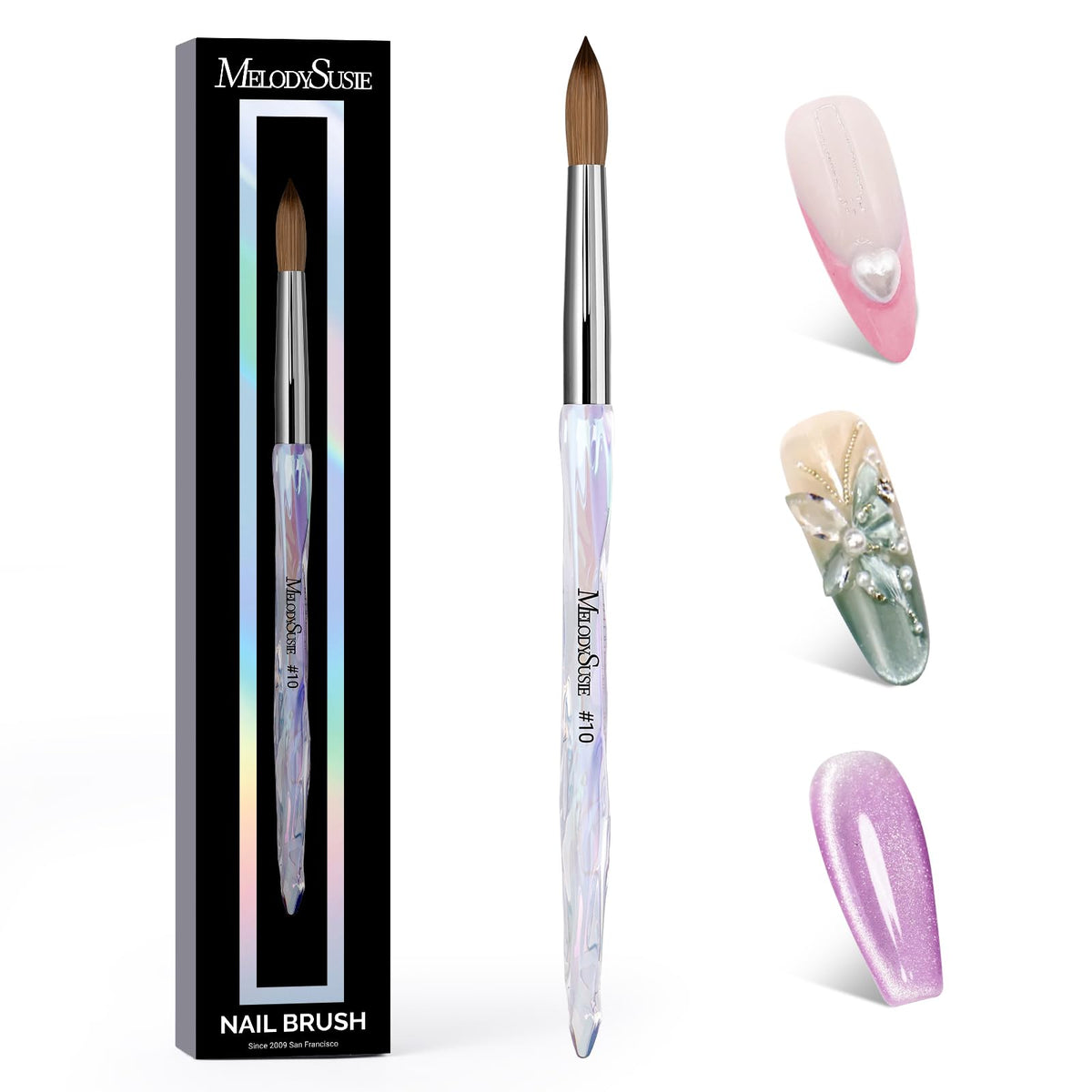 MelodySusie Kolinsky nail brush close-up with premium bristles for precise acrylic pickup.