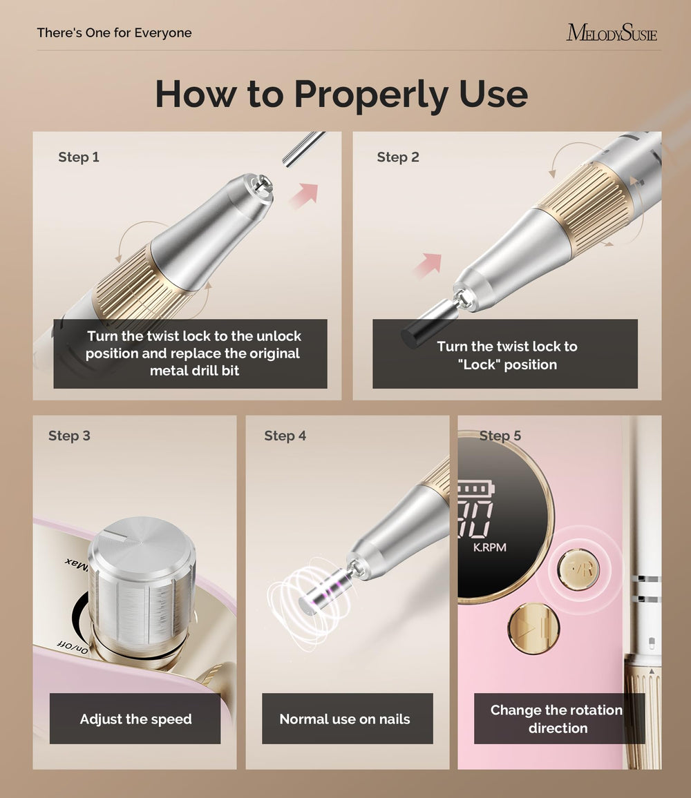 MelodySusie low vibration and quiet operation supports relaxed nail art sessions.