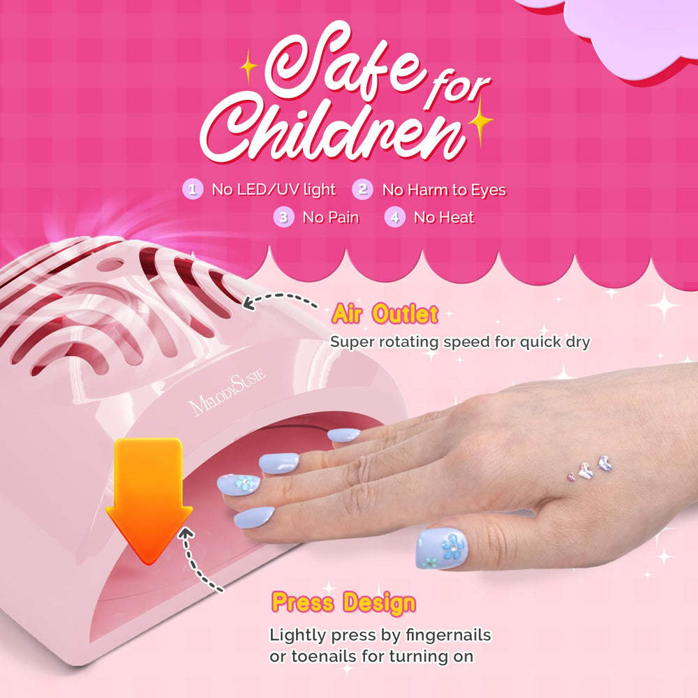 MelodySusie mini nail fan desk shot shows compact travel-friendly size