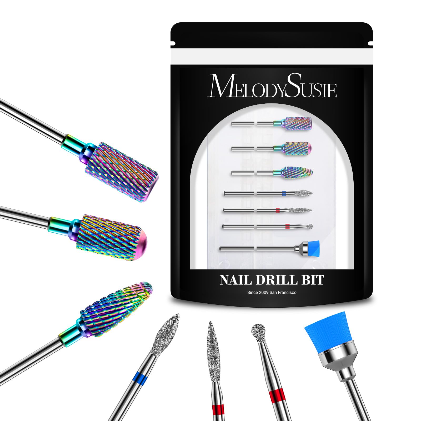 MelodySusie nail drill bits set packaging highlights versatility for salon and home use