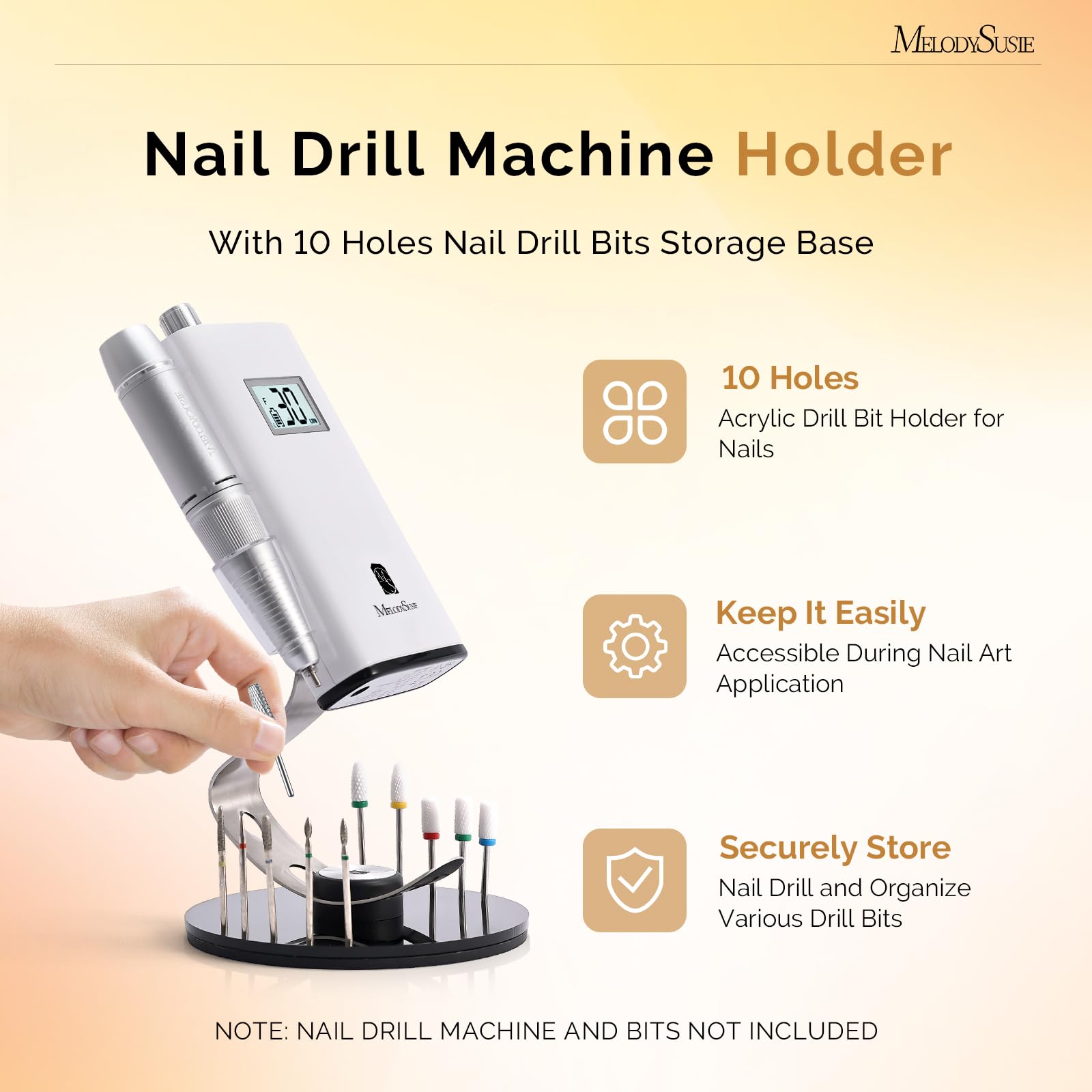 MelodySusie nail drill holder 10 holes close-up showing bit storage.