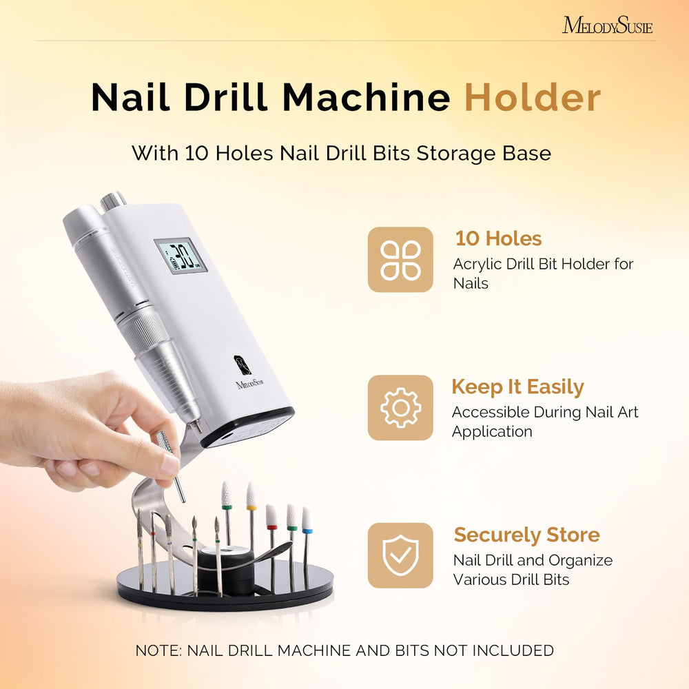 MelodySusie nail drill holder 10 holes close-up showing bit storage.