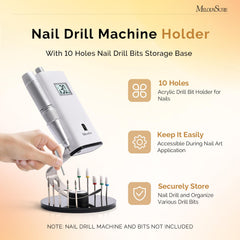 MelodySusie nail drill holder 10 holes close-up showing bit storage.