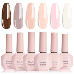 MelodySusie nude-brown gel nail polish set bottles closeup with vibrant long-lasting color.