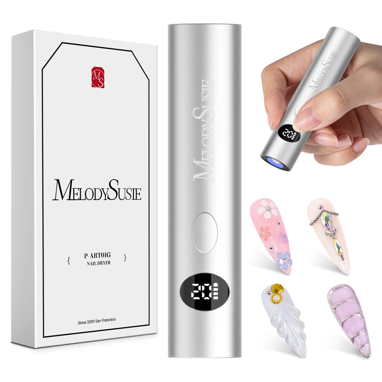MelodySusie P-ART01G front view highlights a compact cordless lamp for on-the-go manicures.