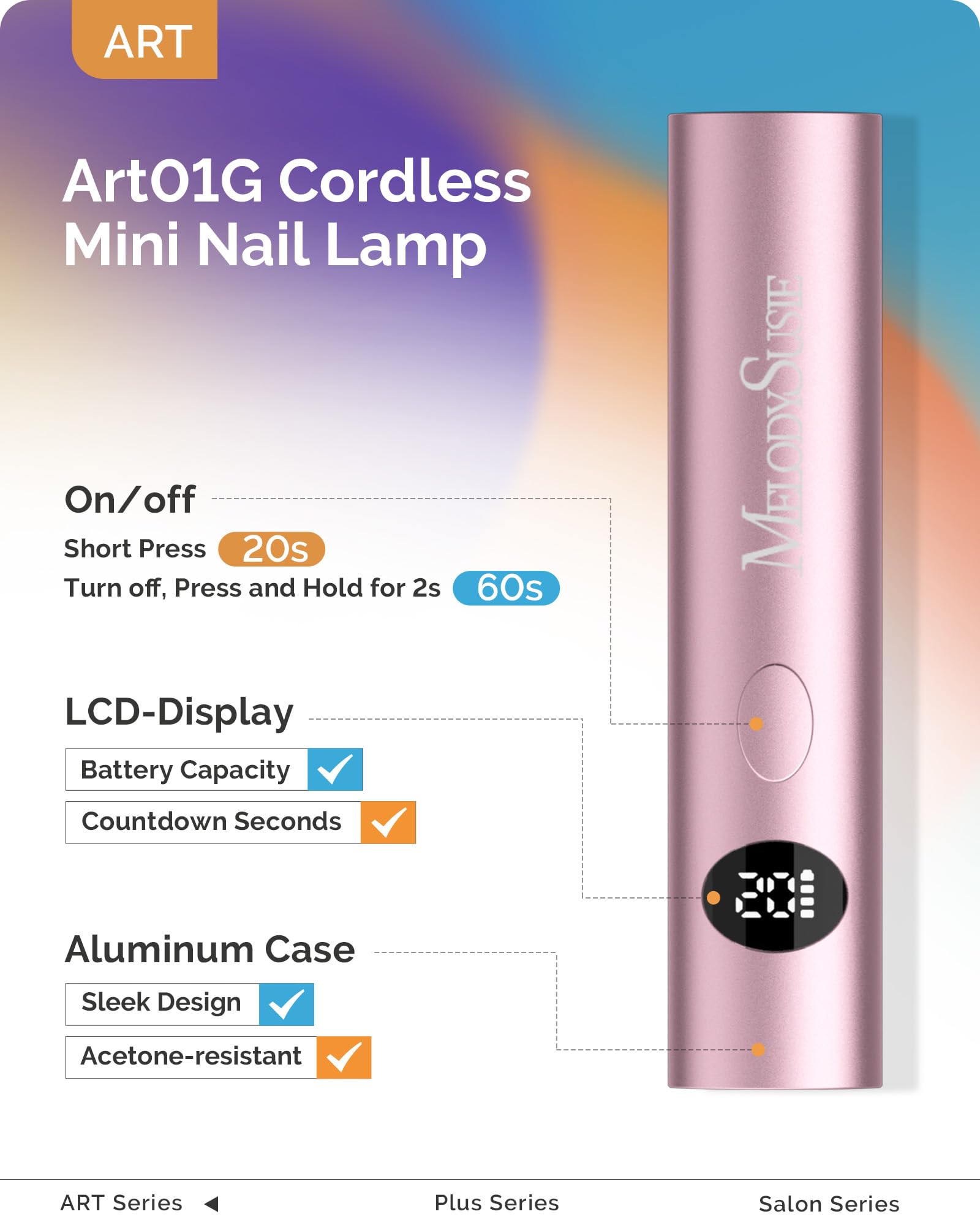 MelodySusie P-ART01G LCD display highlights remaining time and battery during curing sessions.