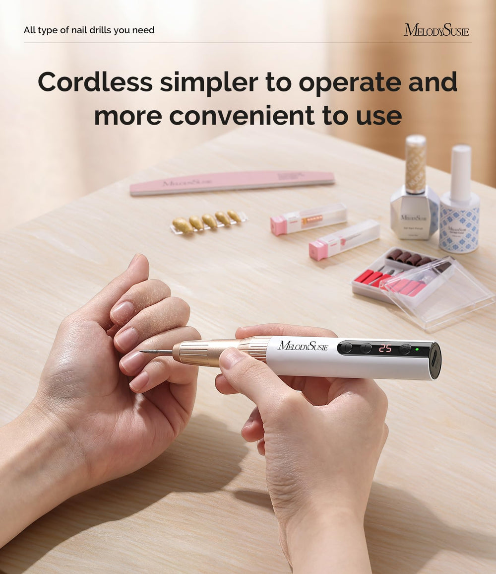 MelodySusie compact design nail drill comfortably fits in hand for detailed shaping and filing.