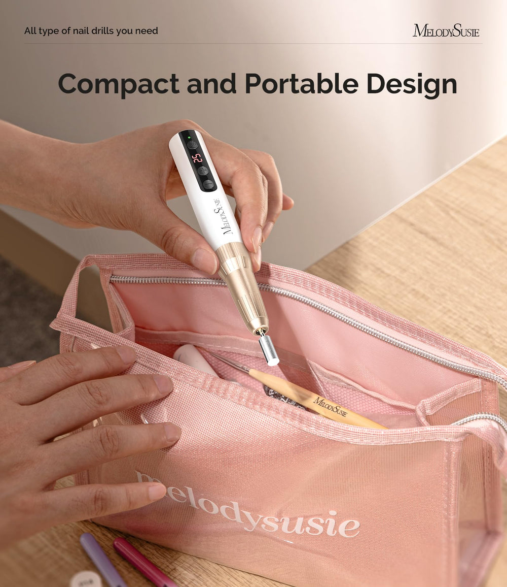 MelodySusie cordless nail drill shown as rechargeable, ideal for on-the-go nail care sessions.
