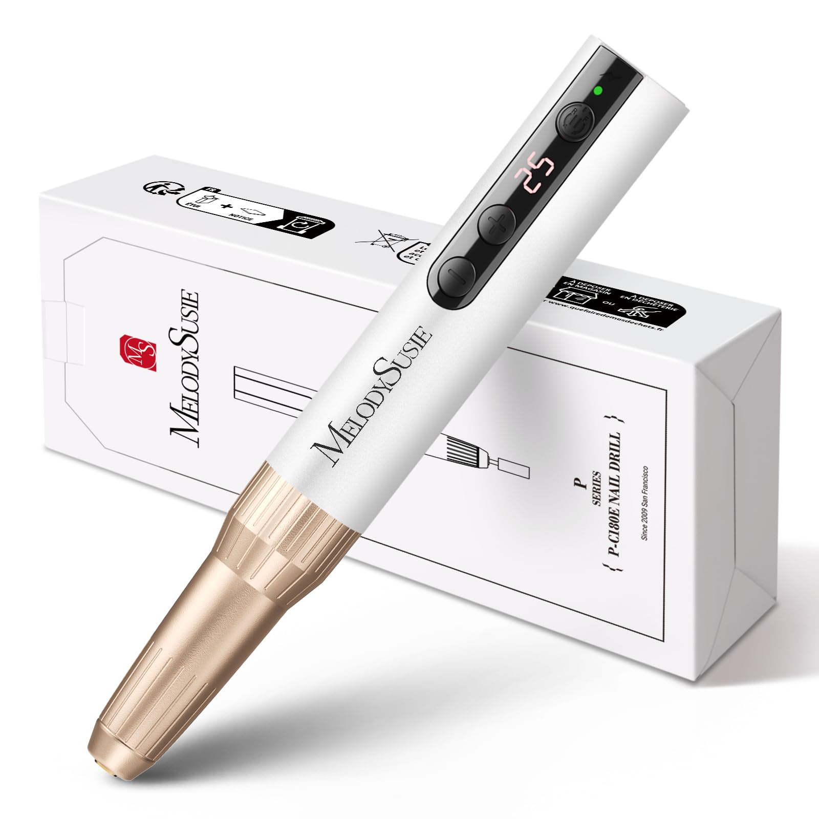 MelodySusie pen-shaped nail drill with LED display for precise speed tracking during manicures.
