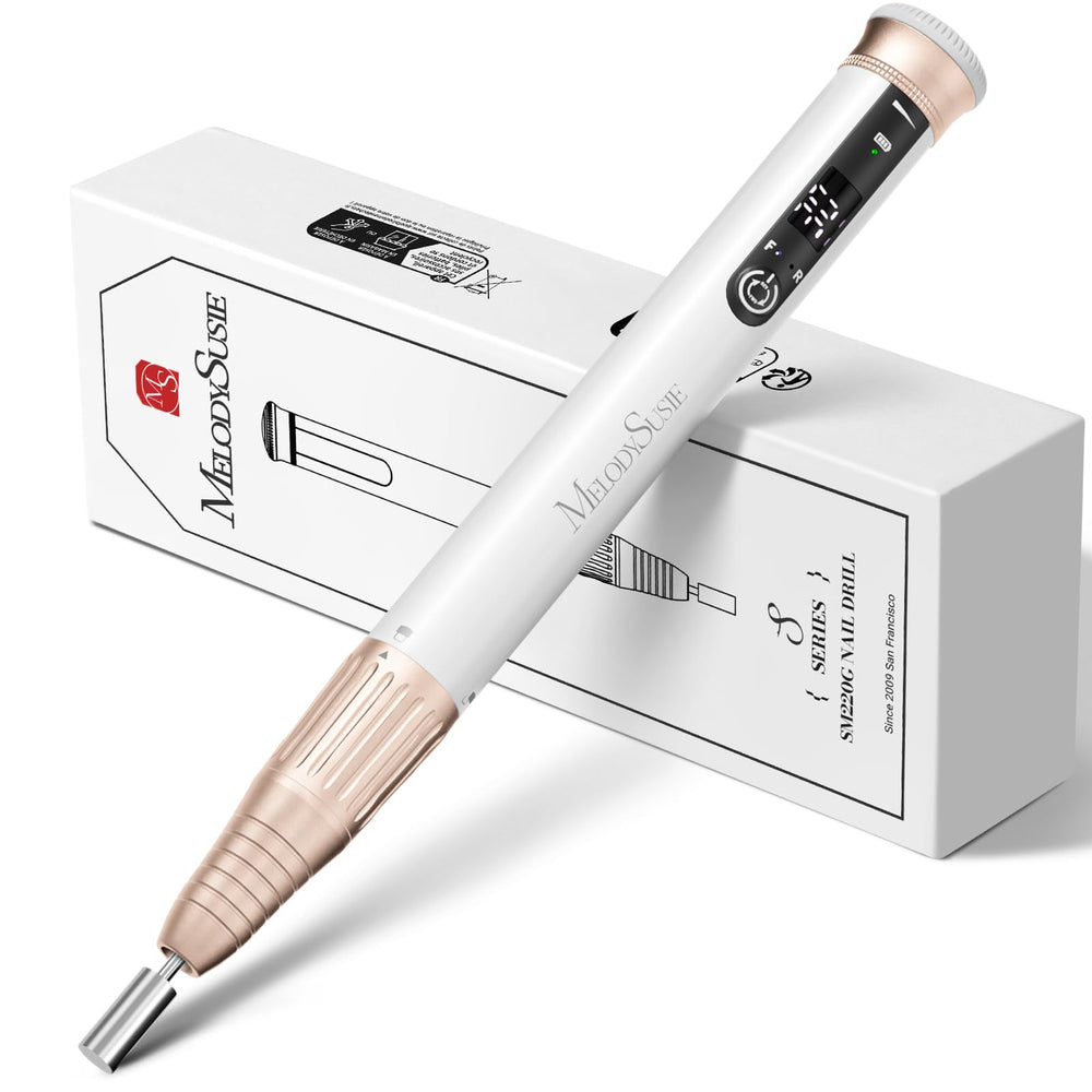 MelodySusie pen-shaped drill front view shows compact design for precise on-the-go manicures