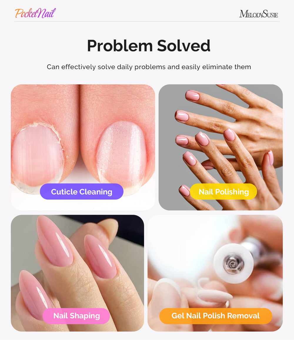 MelodySusie PocketNail Slim drill bits kit supports shaping, smoothing, and gel removal.