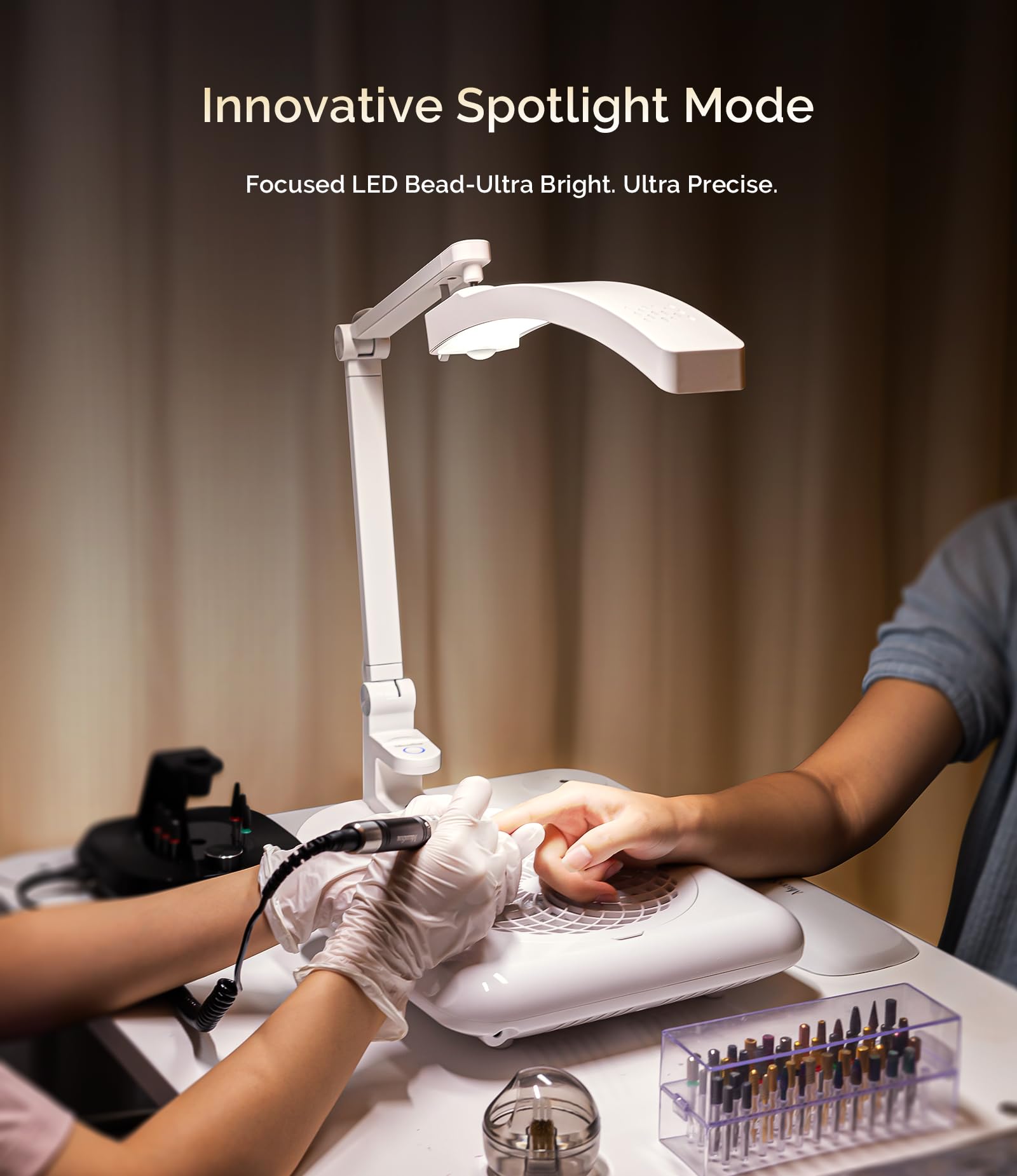MelodySusie S-Pro29G mini nail lamp attached demonstrates portable single-finger curing.