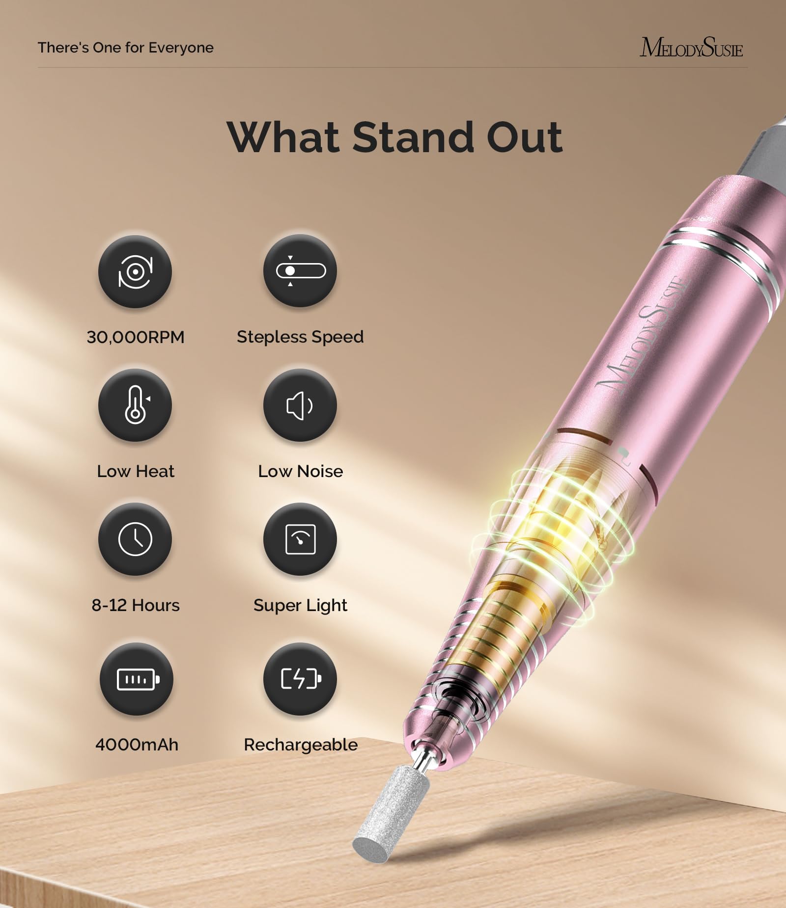 MelodySusie SC300F cordless battery enables on-the-go manicures with long runtime.