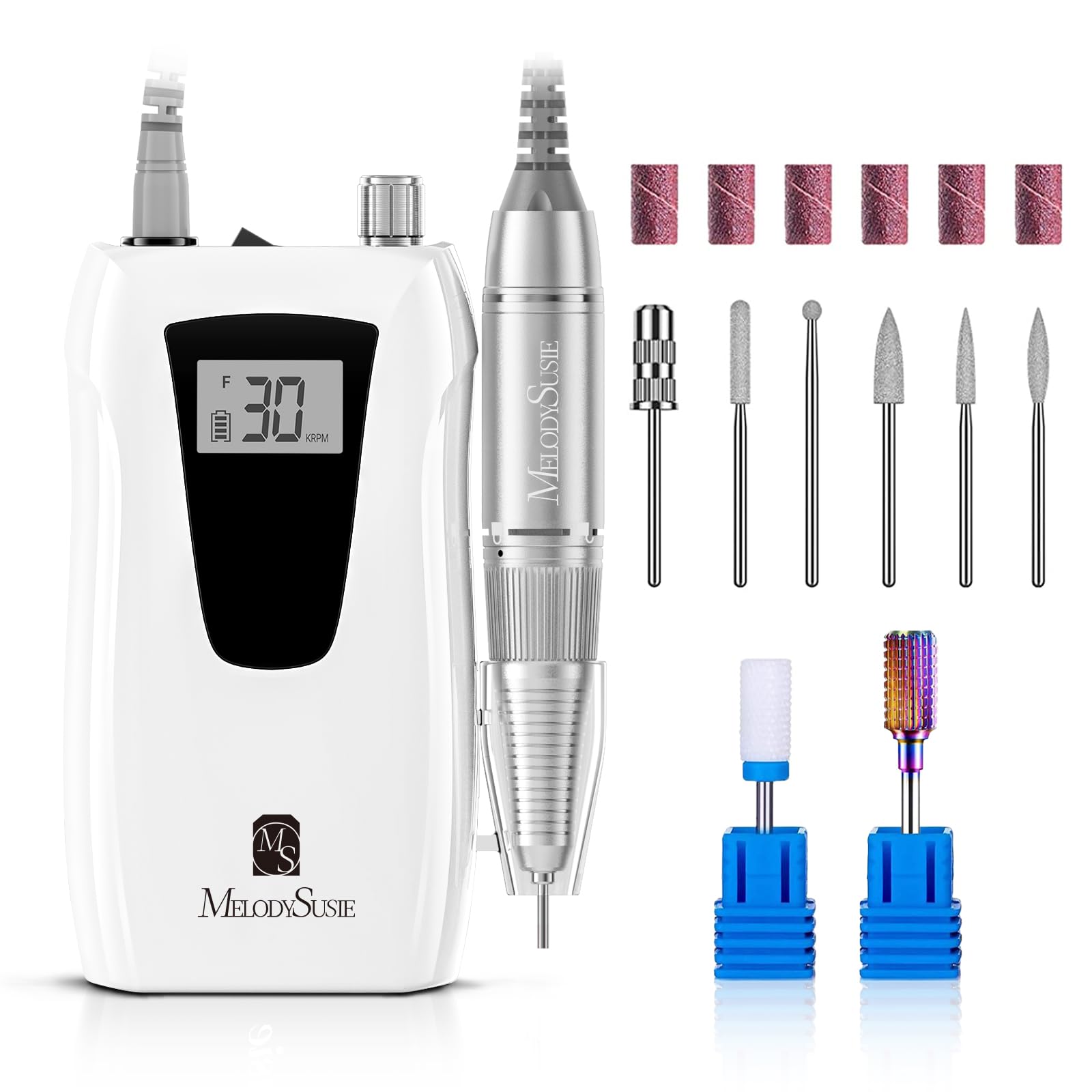MelodySusie SC320D nail drill with LCD display shows RPM and battery level for precise control