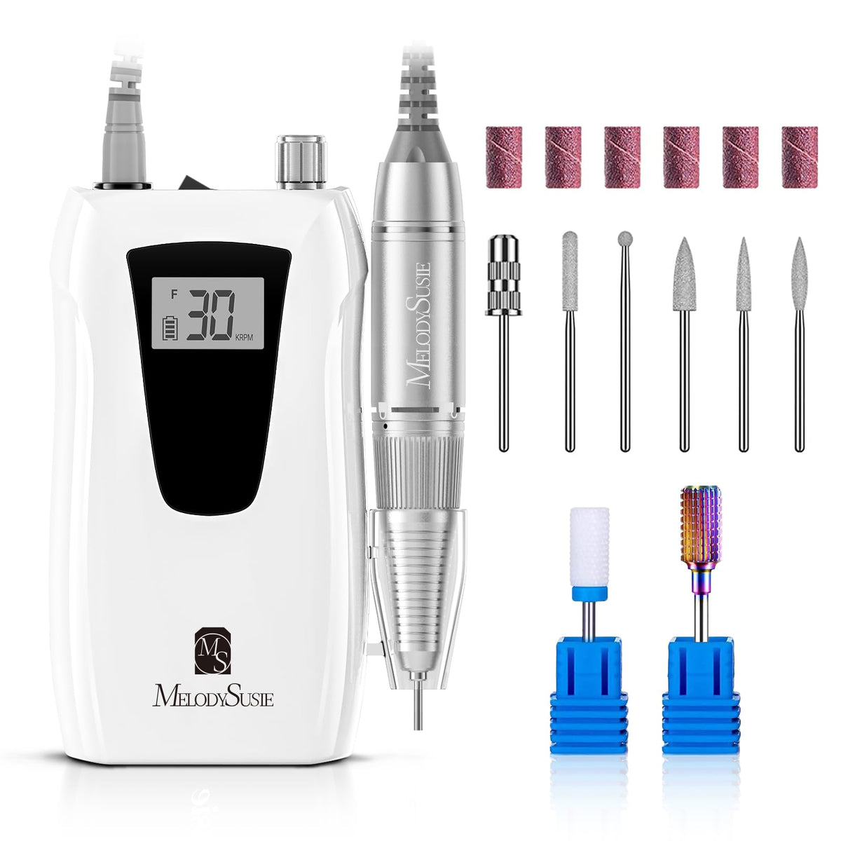 MelodySusie SC320D nail drill with LCD display shows RPM and battery level for precise control