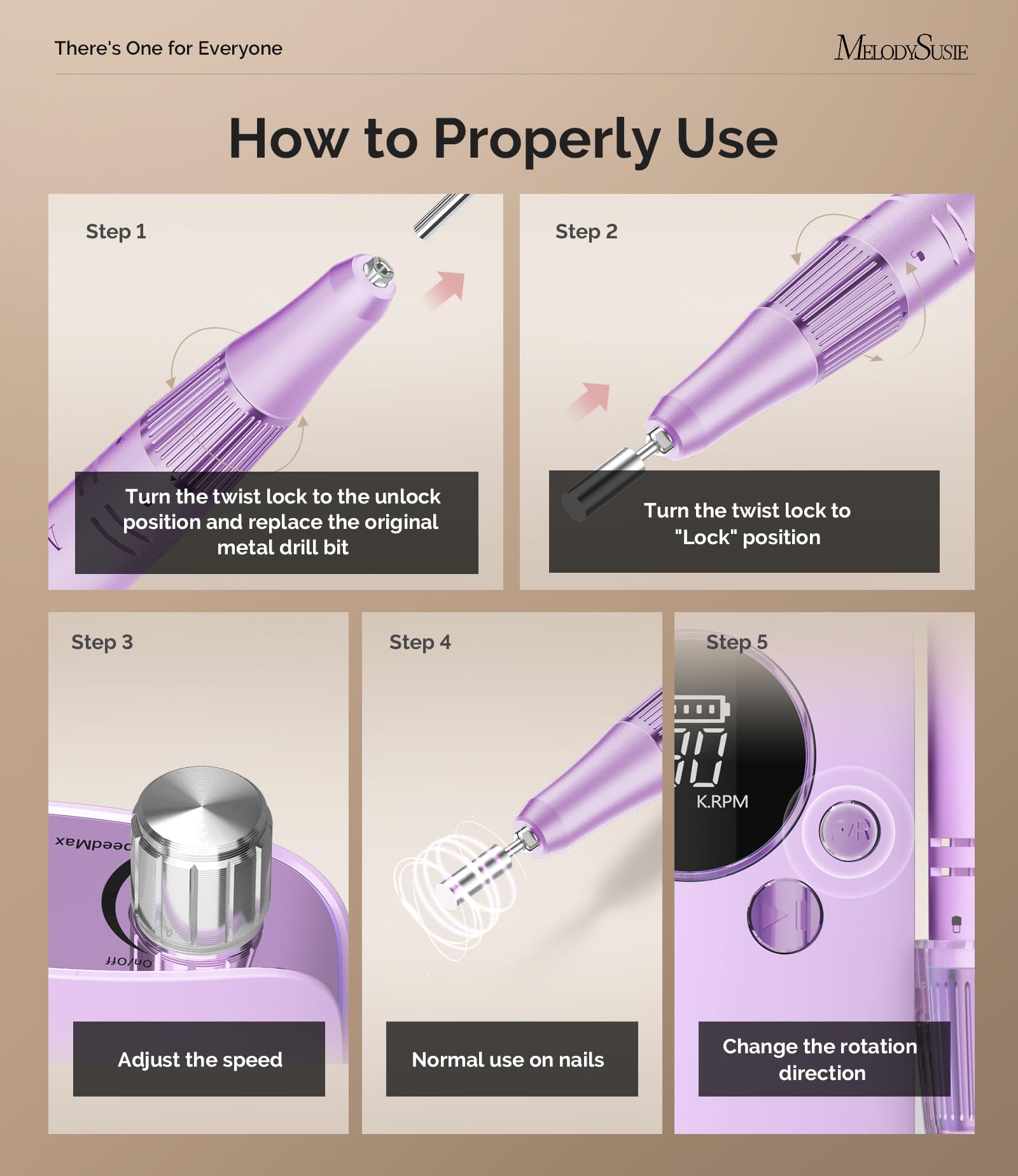 MelodySusie SC320F 30,000 RPM control for versatile nail shaping.