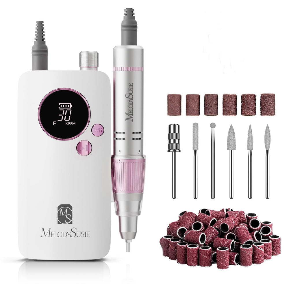 MelodySusie SC320F nail drill on table for precise professional manicures and on-demand portability.
