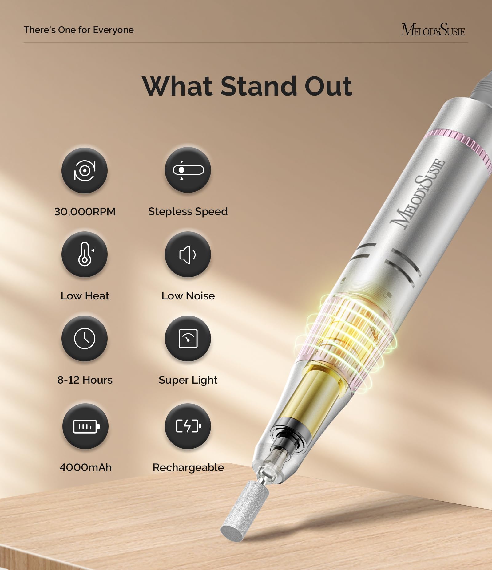 MelodySusie SC320F shows 0-30,000 RPM speed control for versatile nail filing.