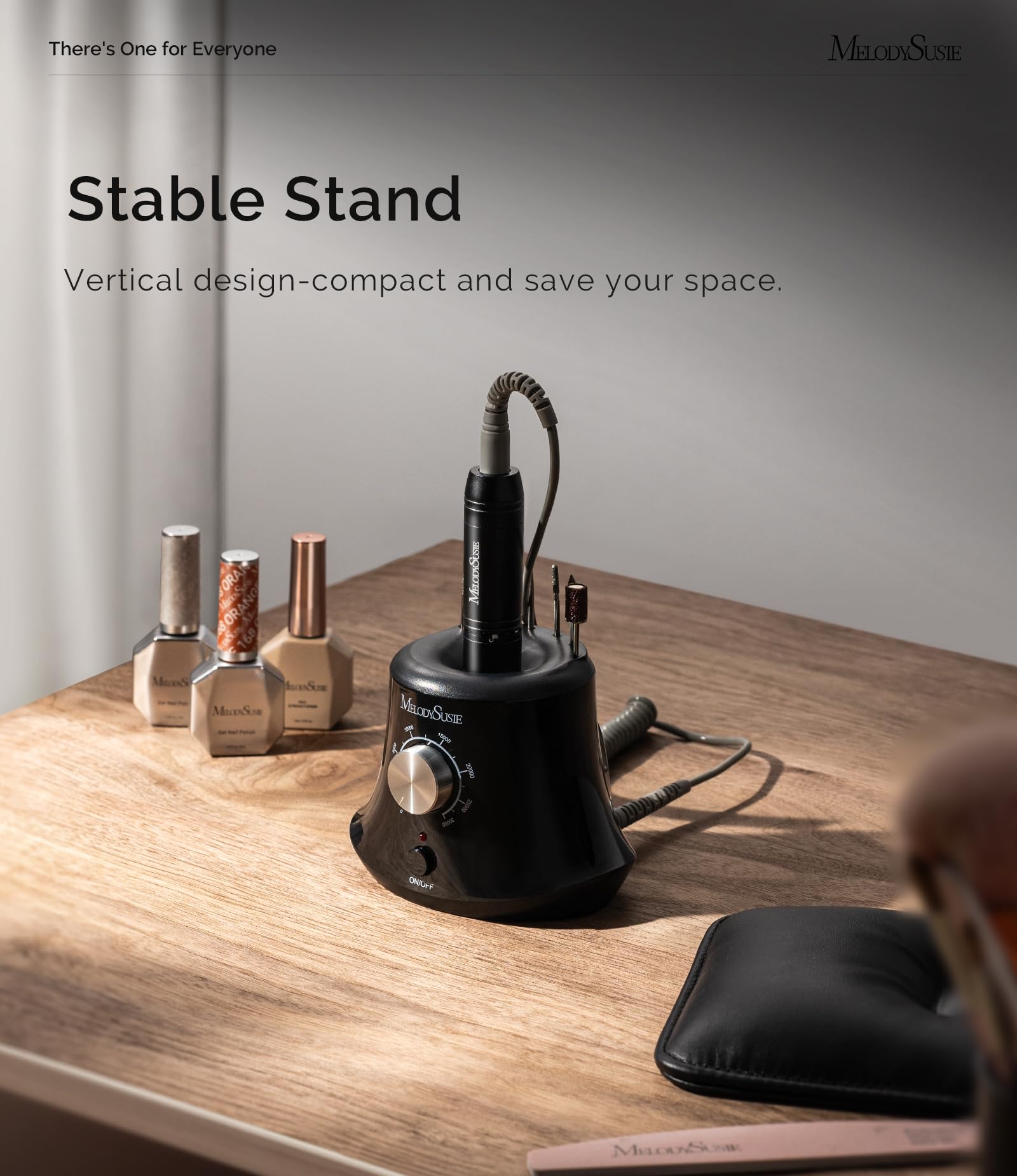 MelodySusie SC320I nail drill side view highlighting ergonomic low heat operation