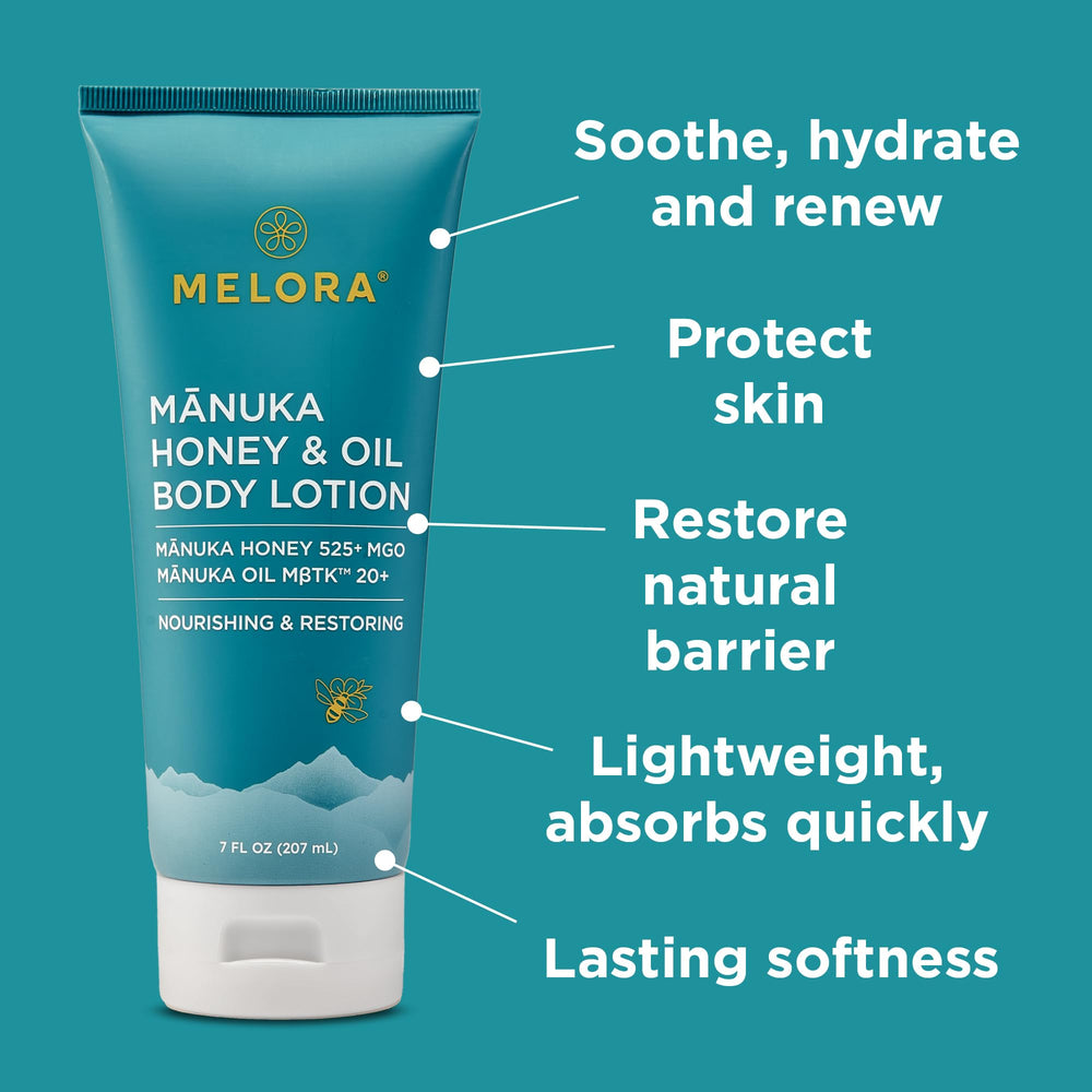 MELORA Manuka Honey Body Lotion application rub shows smooth, fast-absorbing coverage