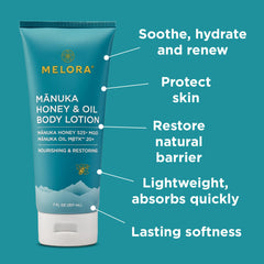 MELORA Manuka Honey Body Lotion application rub shows smooth, fast-absorbing coverage