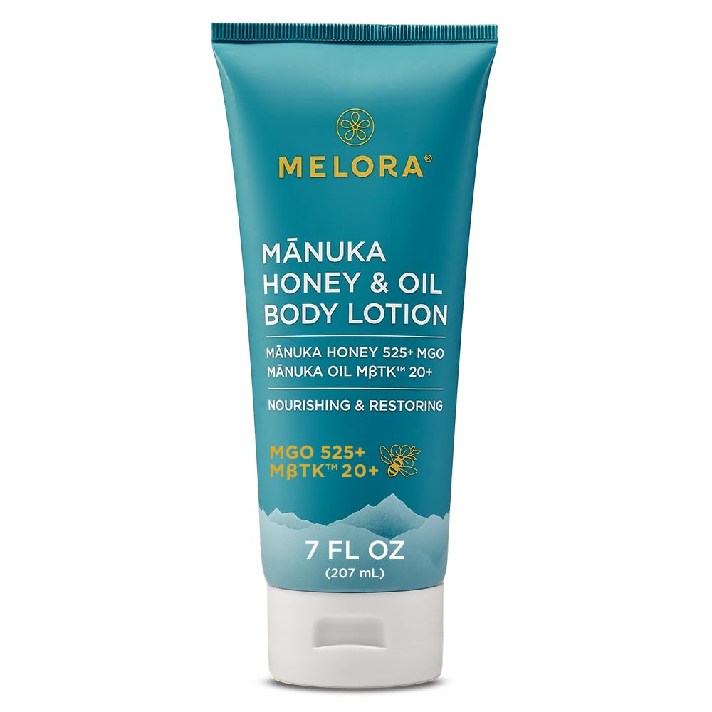 MELORA Manuka Honey Body Lotion bottle showcases daily moisturization for dry or sensitive skin