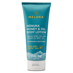 MELORA Manuka Honey Body Lotion bottle showcases daily moisturization for dry or sensitive skin