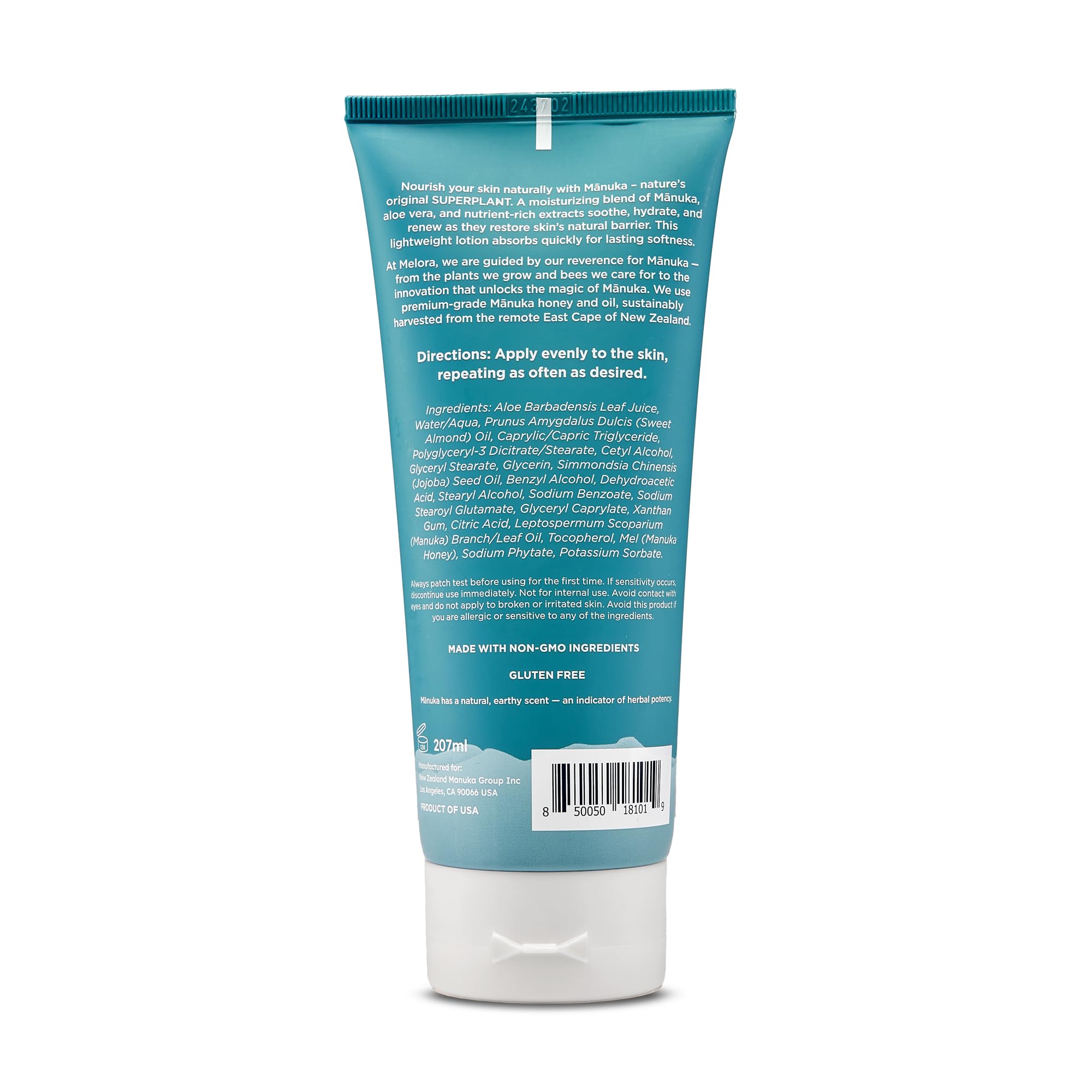 MELORA Manuka Honey Body Lotion ingredients page highlights Manuka honey and oil for nourishment