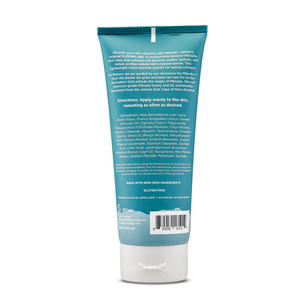 MELORA Manuka Honey Body Lotion ingredients page highlights Manuka honey and oil for nourishment