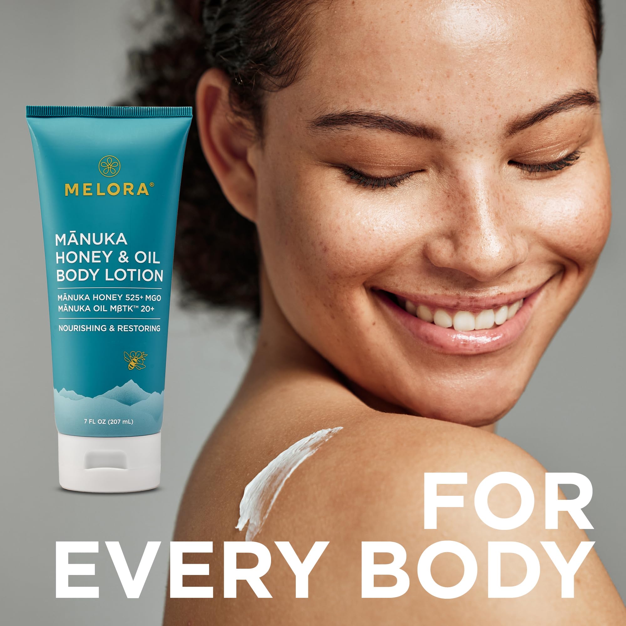 MELORA Manuka Honey Body Lotion texture closeup emphasizes creamy, soothing hydration