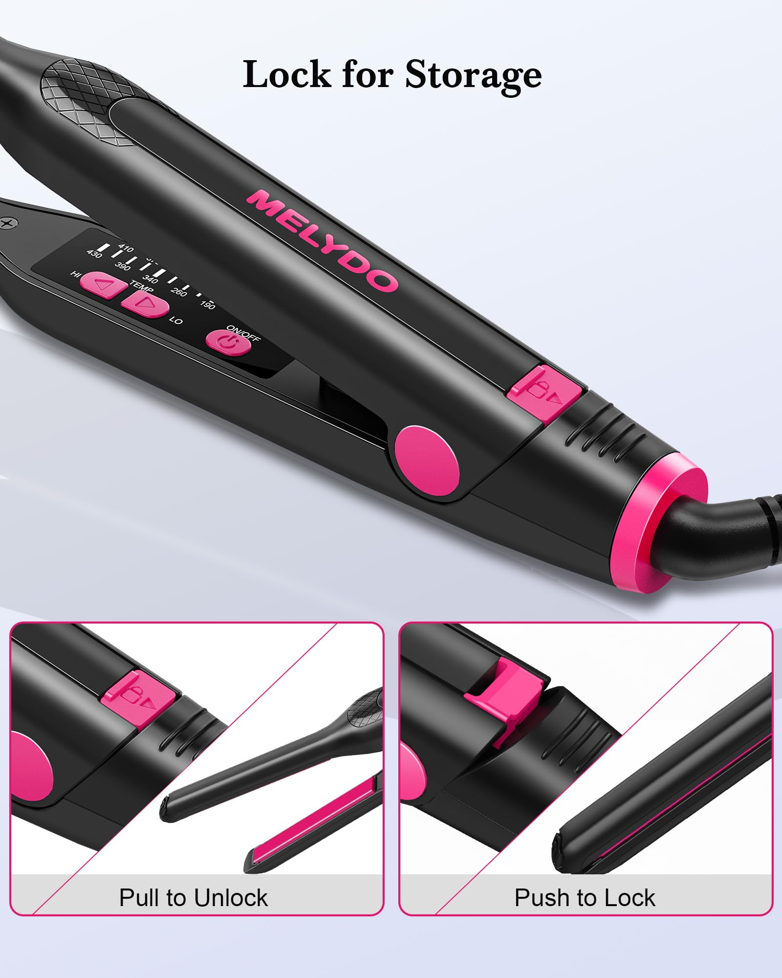 MELYDO compact tool with heat-resistant glove for safe styling.