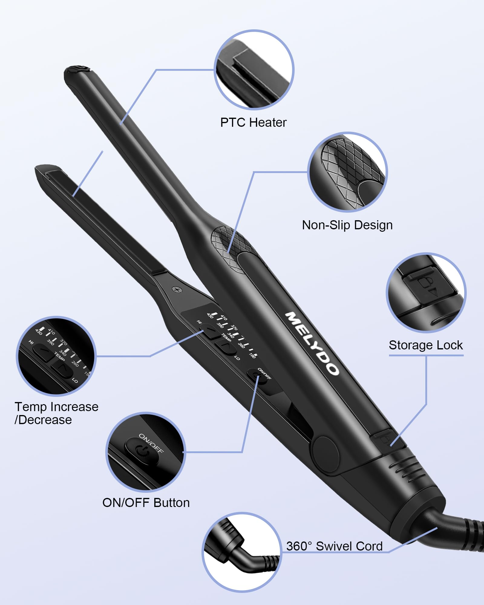 MELYDO Pencil Flat Iron ready for travel with universal voltage for on-the-go styling