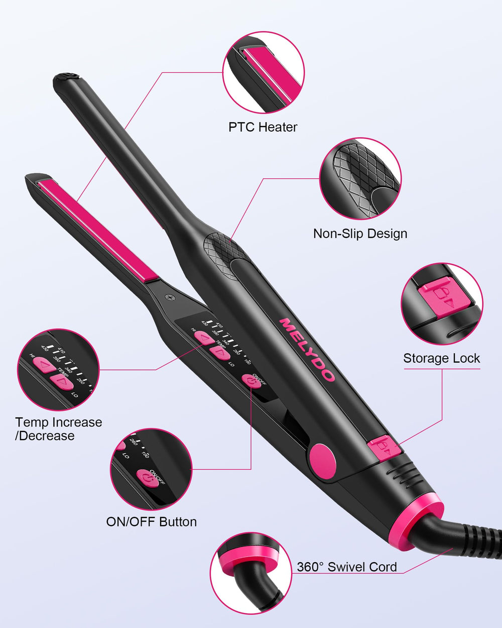 MELYDO travel-friendly flat iron with worldwide voltage for on-the-go styling.